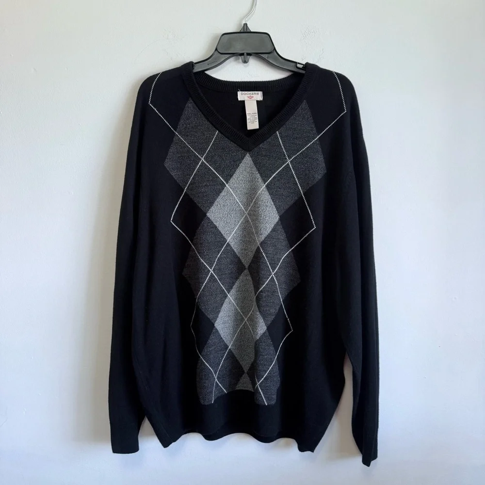 Dockers Black Argyle V-Neck Sweater XXL | Dark Academia Grandpa Core Aesthetic